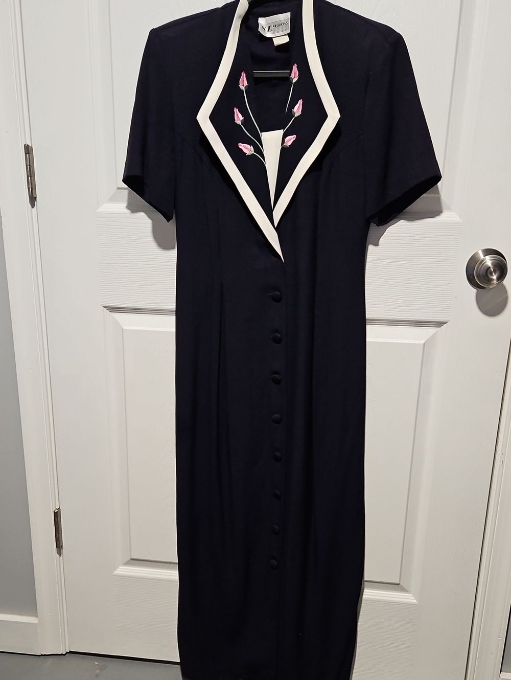 Vtg 90s S.L. Fashions Navy Blue Dress Cream Collared Embroidered Tulip